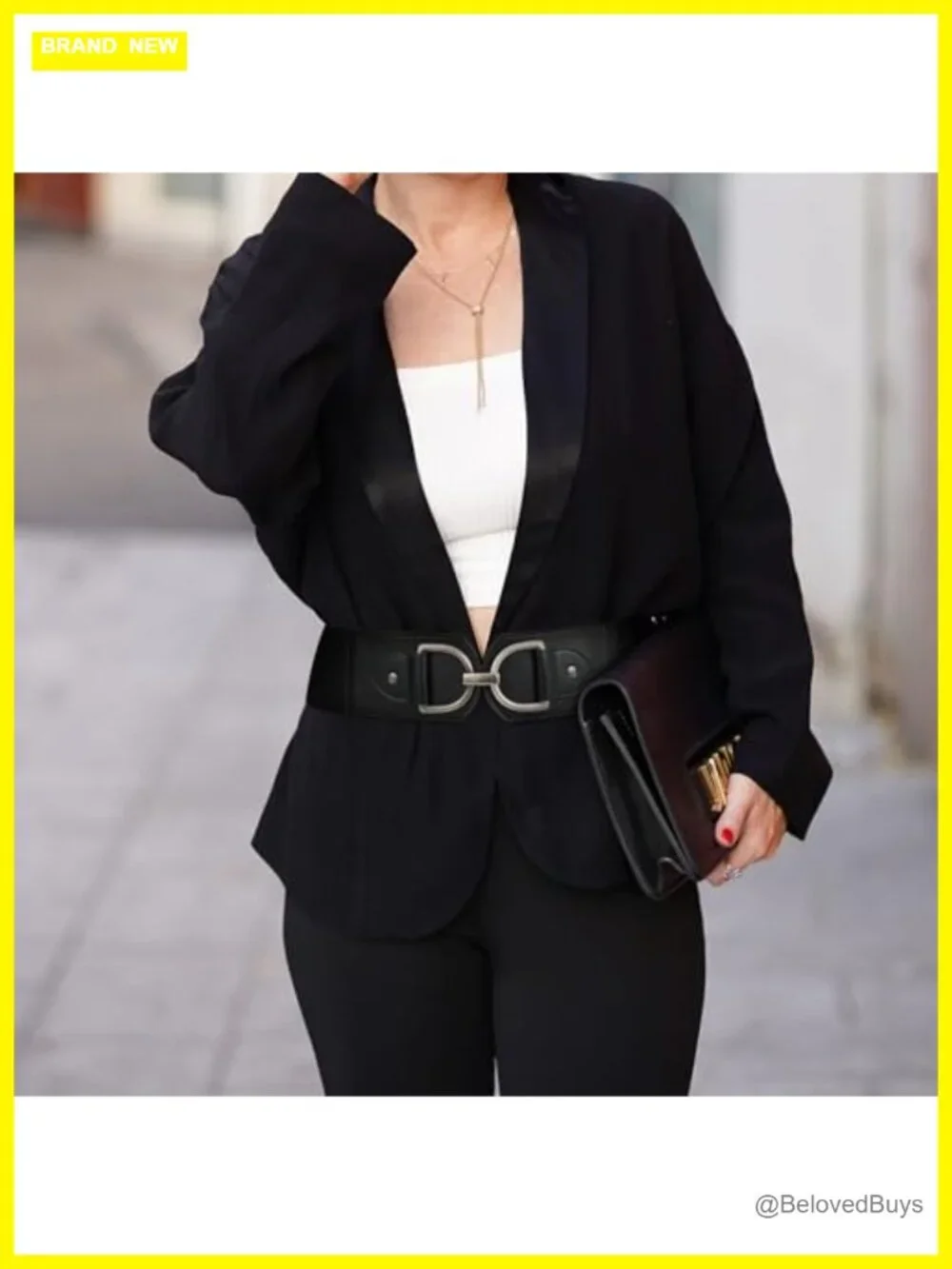 Wide Stretch Faux Leather Belt with Gold Buckle for Dresses